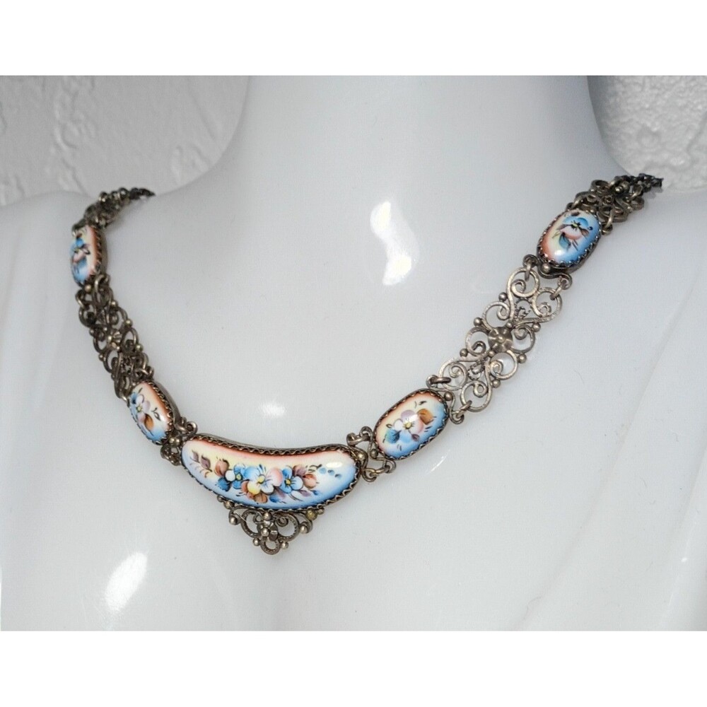 Vintage Russian Enamel Hand Painted Floral Finift Filigree Necklace